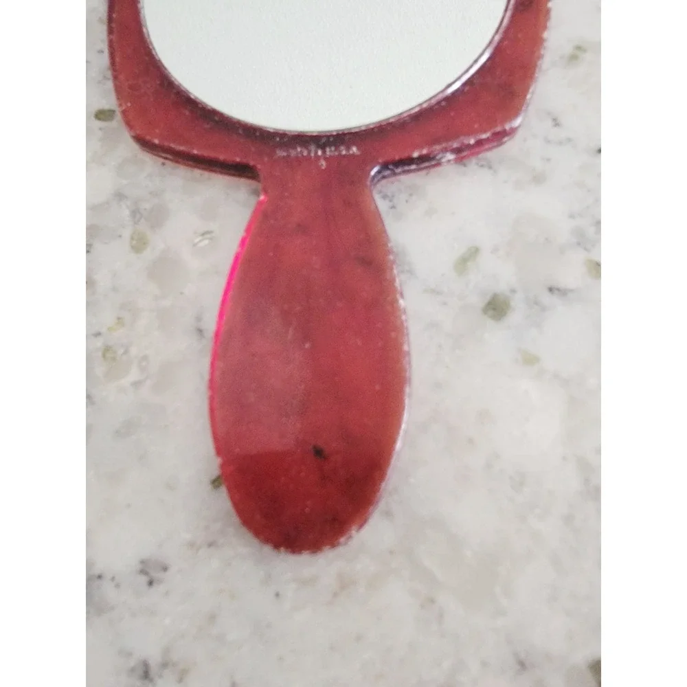 Vintage‎ 60s 70s Hand Mirror Art Deco Floral Red Lucite Made in USA